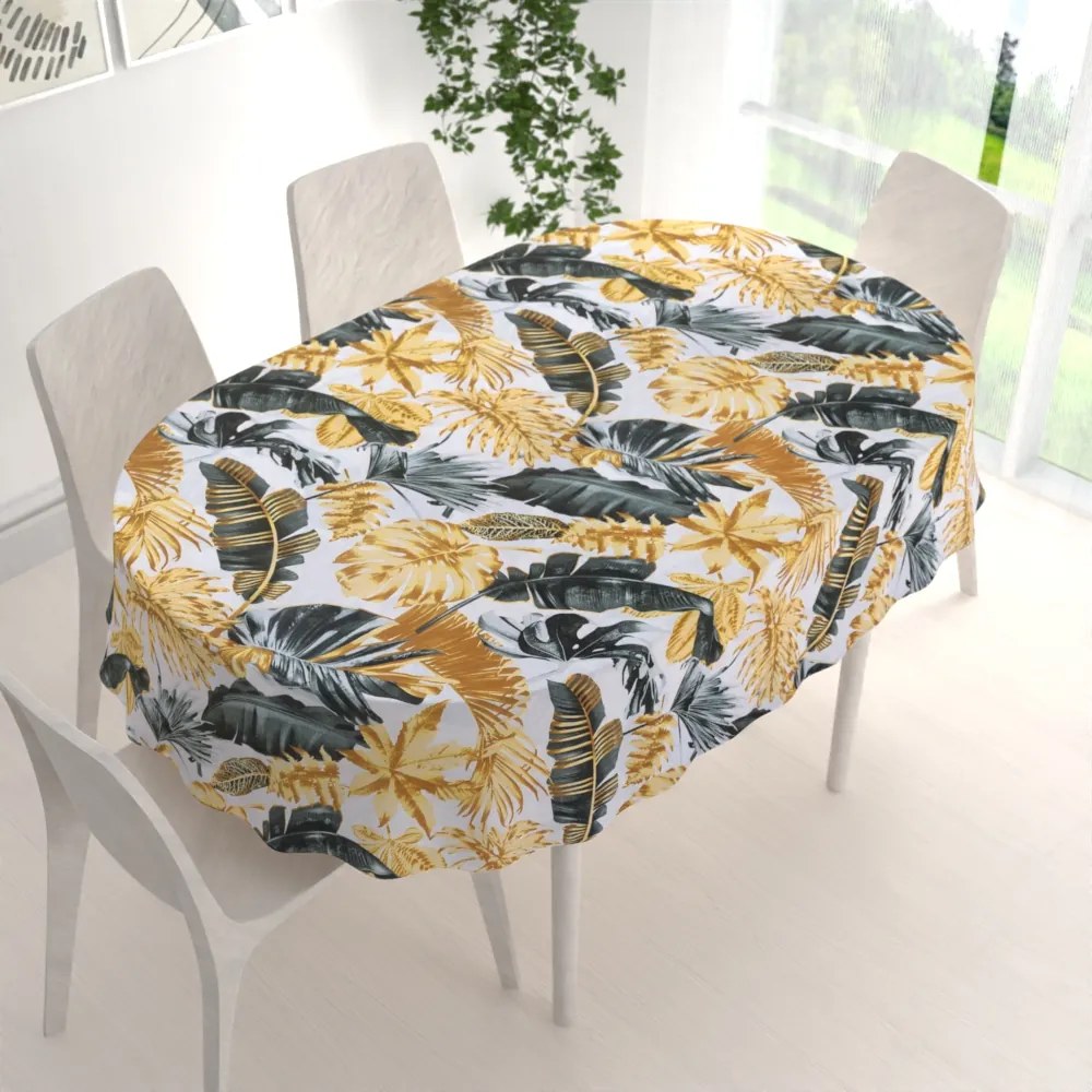 Biante Bavlnený oválny obrus Sandra SA-388 Sivozelené a zlaté tropické listy na bielom 100x140 cm