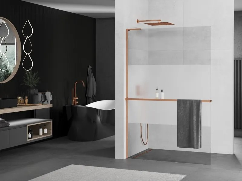 Mexen Kioto+ L, sprchová zástena Walk-In s poličkou a vešiakom 120 x 200 cm, 8mm číre sklo-námraza, ružové zlato profil, 800-120-123-60-35