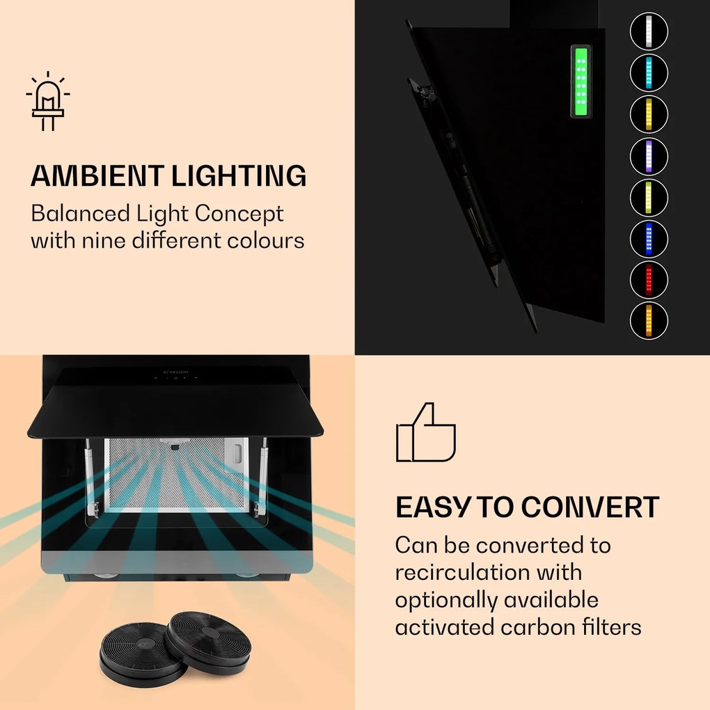 Klarstein Aurora Eco 60, digestor, 60 cm, nástenný, 550 m³/h, A+, dotykové ovládanie, čierny