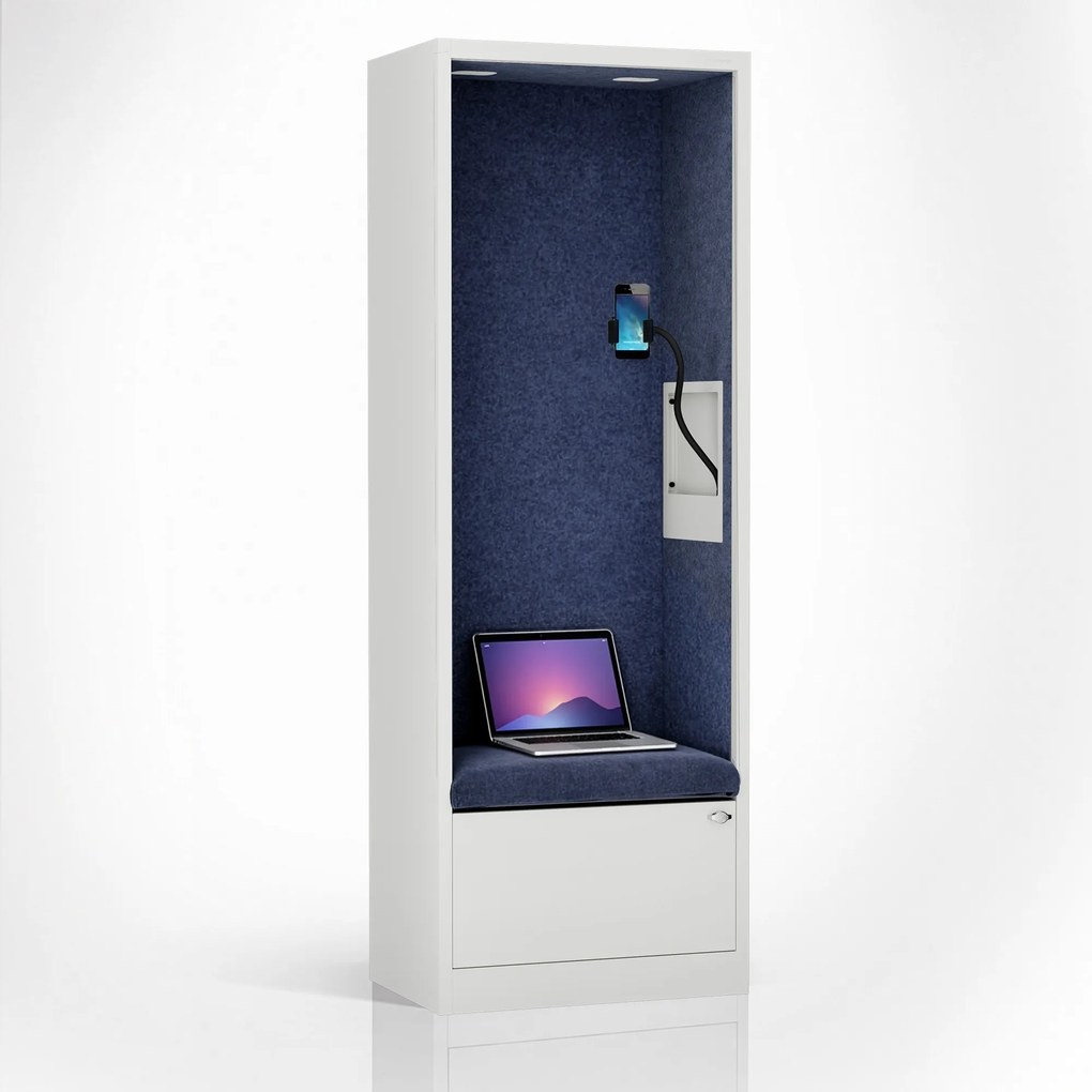 Akustická kabína SALLY MentalBox 600 mm – biely korpus, tmavomodré sedadlo