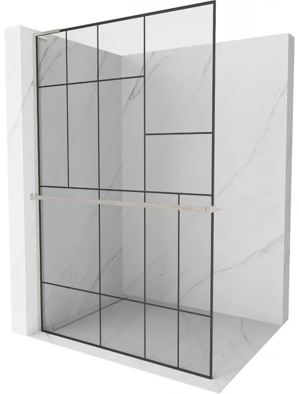 Mexen Kioto+ L, sprchová zástena Walk-In s poličkou a vešiakom 120 x 200 cm, 8mm číre sklo čierny vzor, brúsená oceľ profil, 800-120-123-97-78