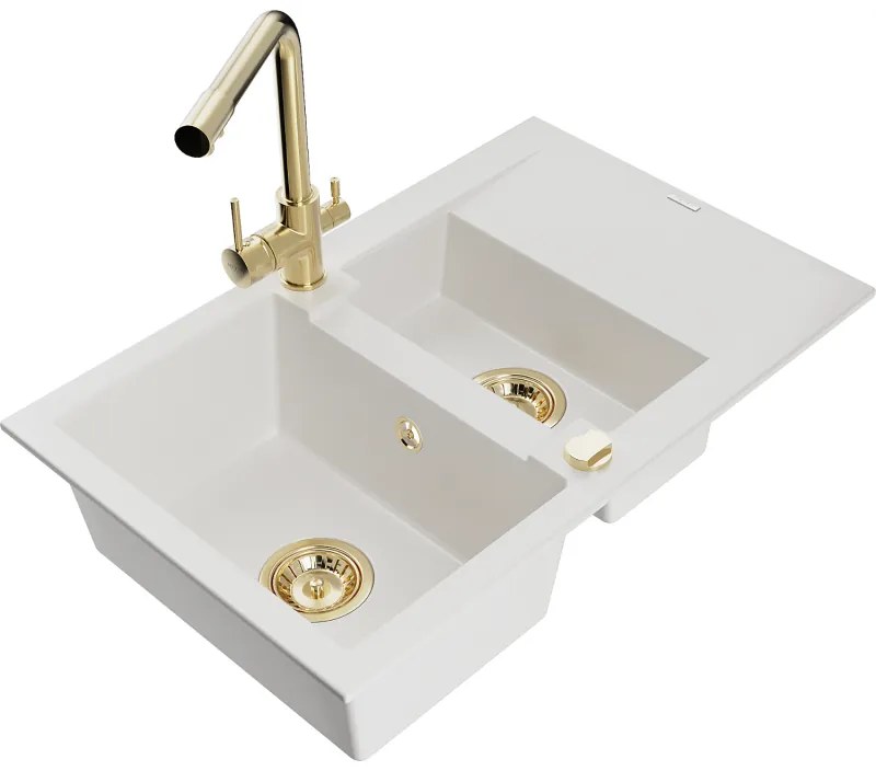 Mexen Gaspar, granitový drez 737x475x177 mm, 1,5-komorový, zlatá batéria Duero, biela, 6507-20-671600-50