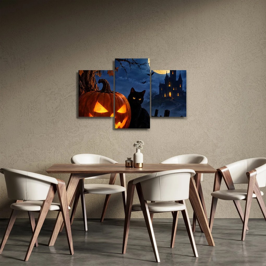 Obraz - Čierna mačka pri svietiacej tekvici na Halloween (90x60 cm)