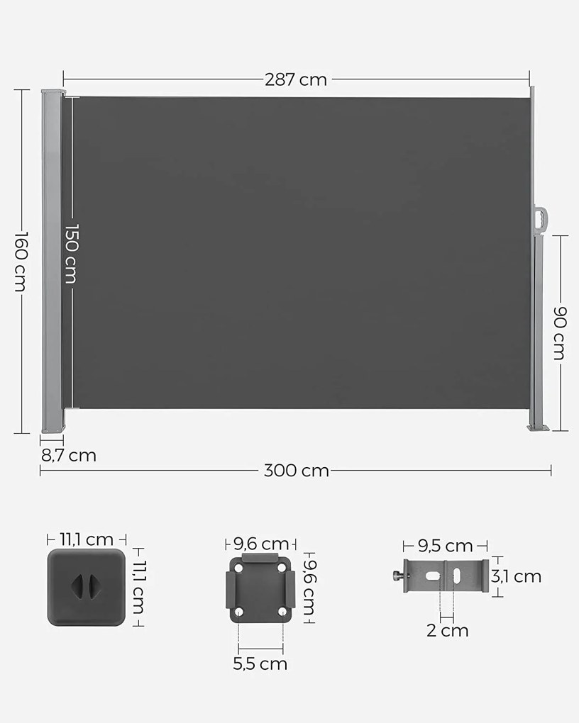 Bočná výsuvná markíza na balkón, terasu a záhradu 300 x 160 cm, dymovo šedá