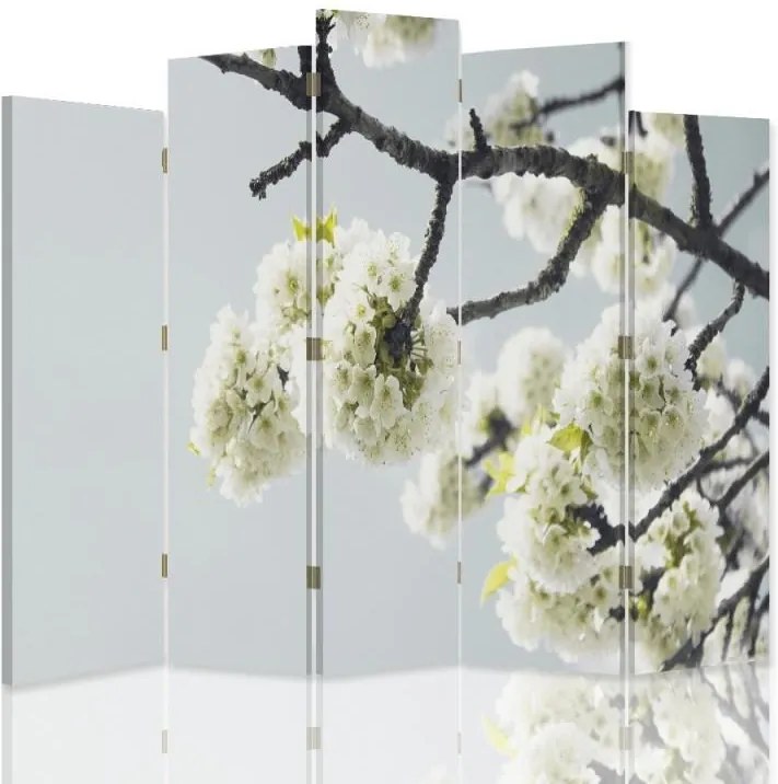 CARO Paraván - White Flowers On The Branch | päťdielny | jednostranný 180x180 cm