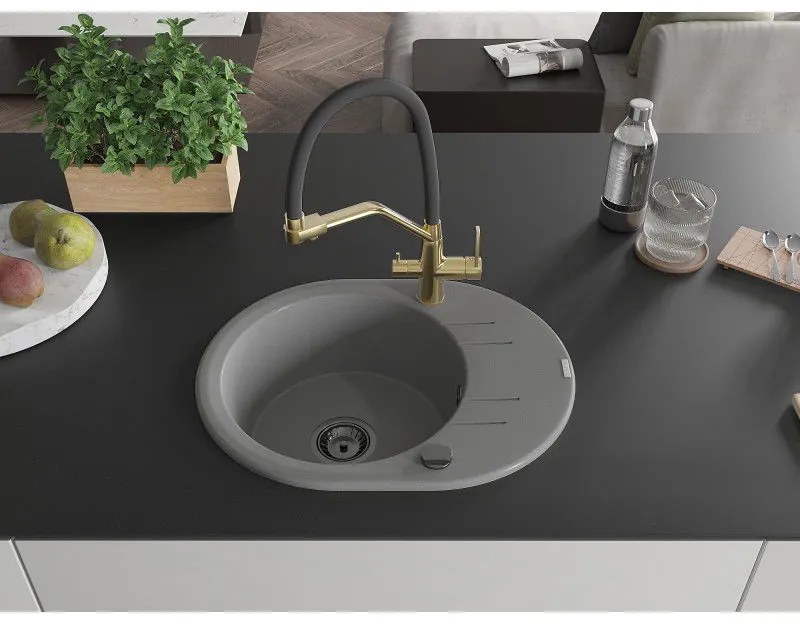 Mexen Kevin, granitový drez 586x458x190 mm, 1-komorový a biela batéria Duo, šedá, 6517-71-671701-57-B