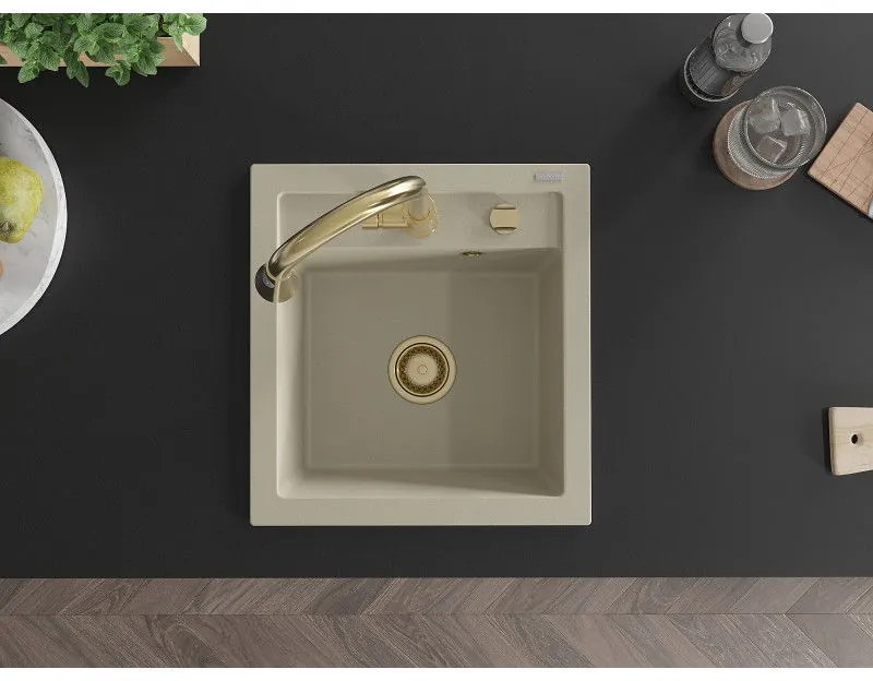 Mexen Vito, 1-komorový granitový drez 490x520x210 mm a drezová batéria Elia, béžová, 6503-69-670101-50