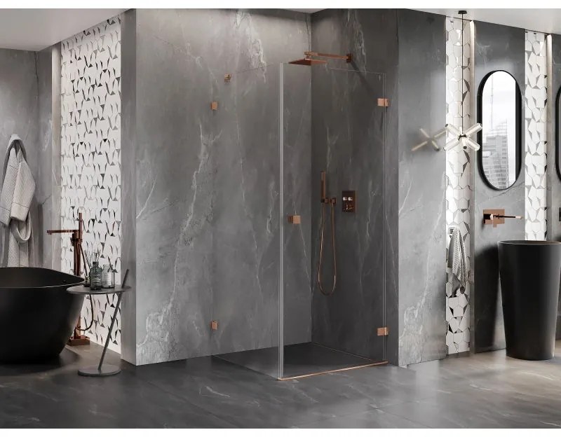 Mexen Lunar-B, pravostranný výklopný sprchový kút 90 x 90 cm, 8mm číre sklo, profil medená matná, 832-090-090-65-00-P