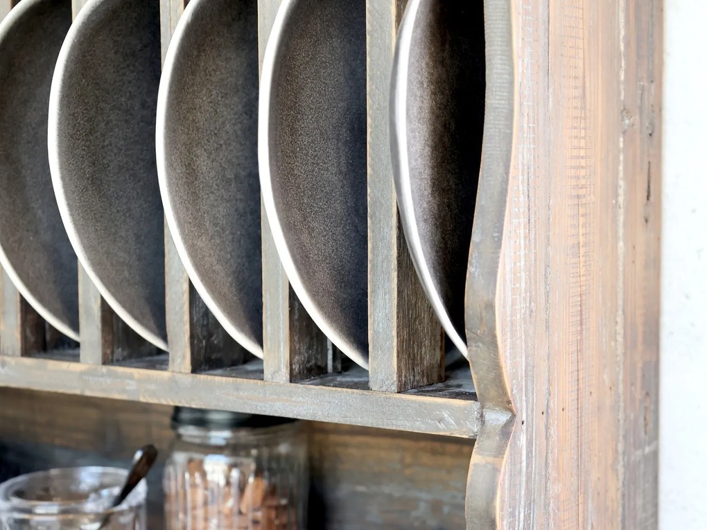 Hnedá antik drevená nástenná polička s priehradkami a háčikmi Plate Rack - 80*20*55 cm