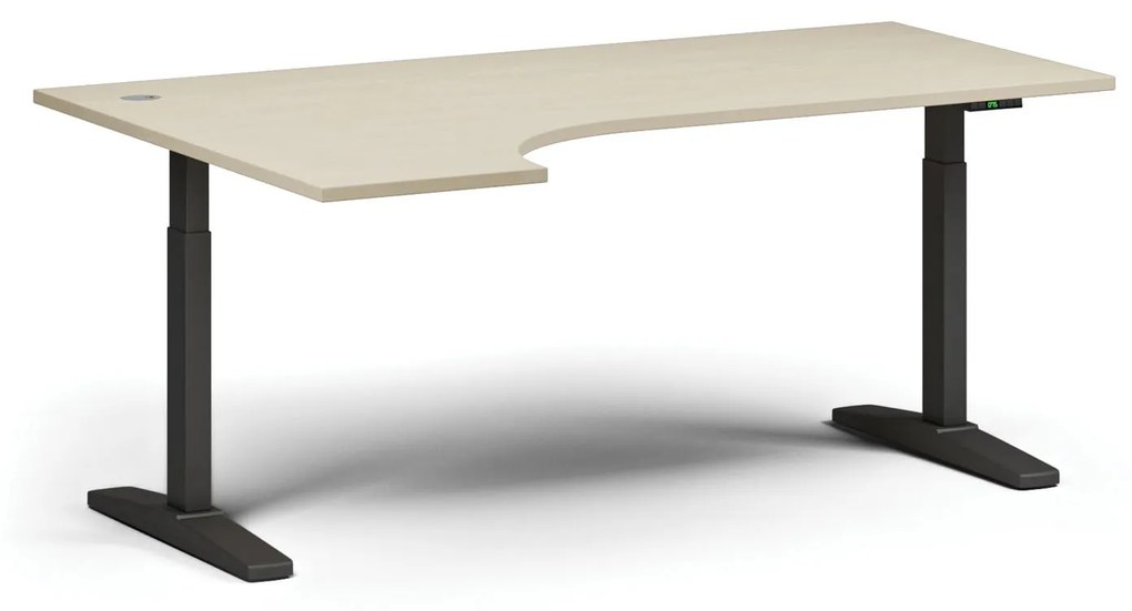 Výškovo nastaviteľný stôl, elektrický, 675-1325 mm, rohový ľavý, doska 1800x1200 mm, čierna podnož, biela