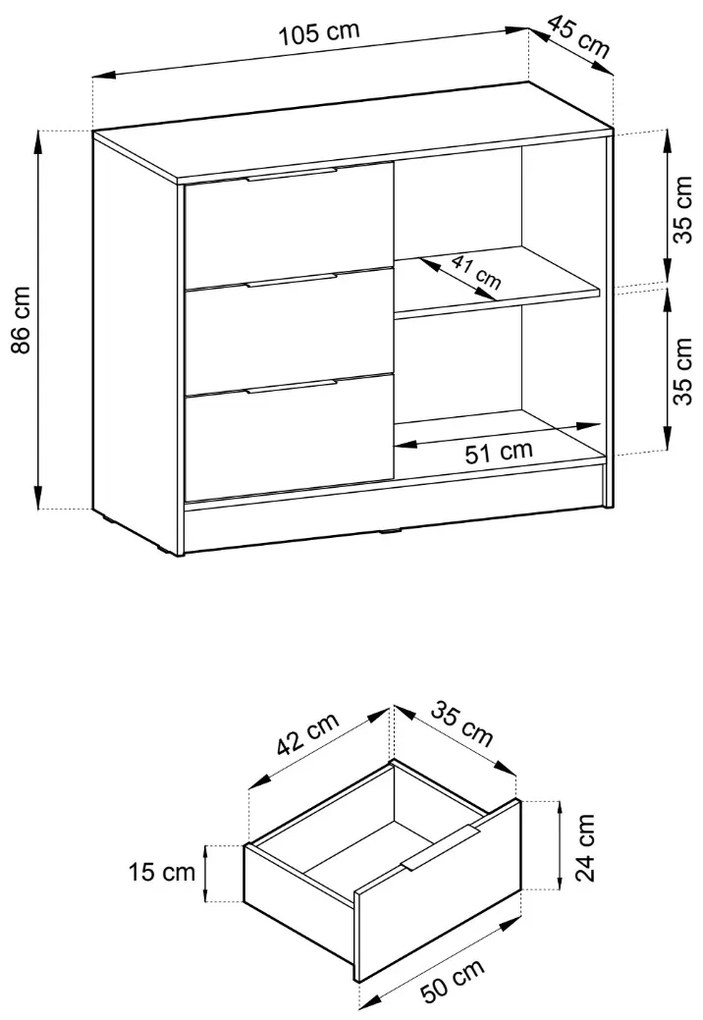 KOMODA LETIZIA S LAMELAMI KAŠMÍR / ČIERNA 105 cm