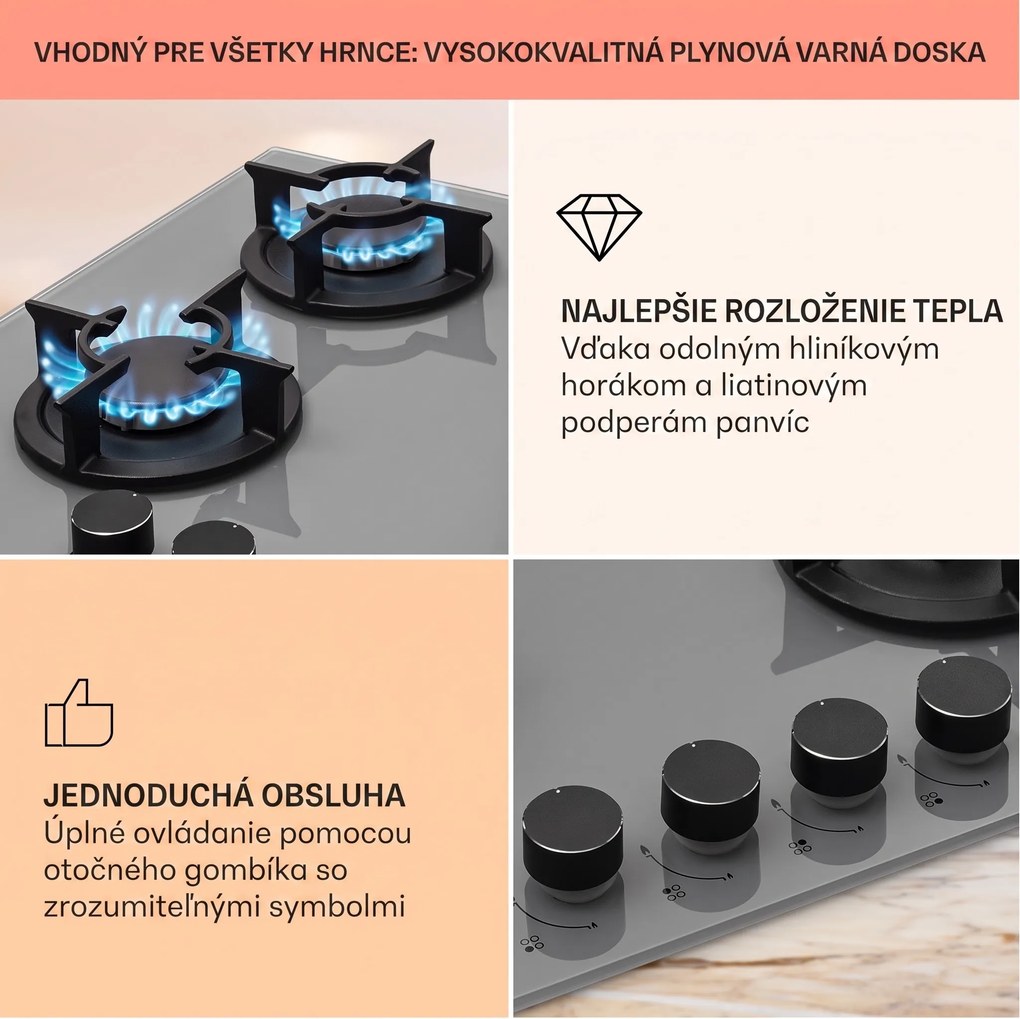 Klarstein Firetale, plynová varná doska, 4 hliníkové horáky, vrátane hadice a redukčného ventilu