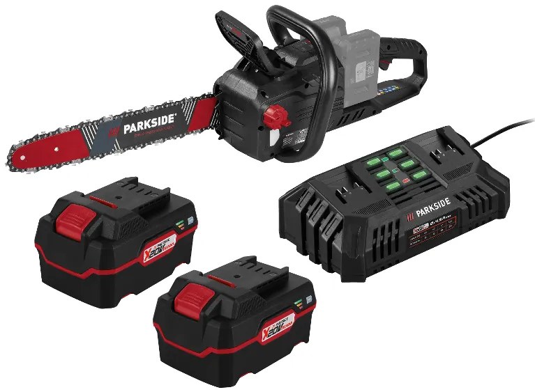 Parkside Performance® Aku reťazová píla Ppksa 40-Li B2 + Akumulátor 20 V/4 Ah, 2 kusy + Dvojitá nabíjačka na akumulátor 20 V/4,5 A (800010668)