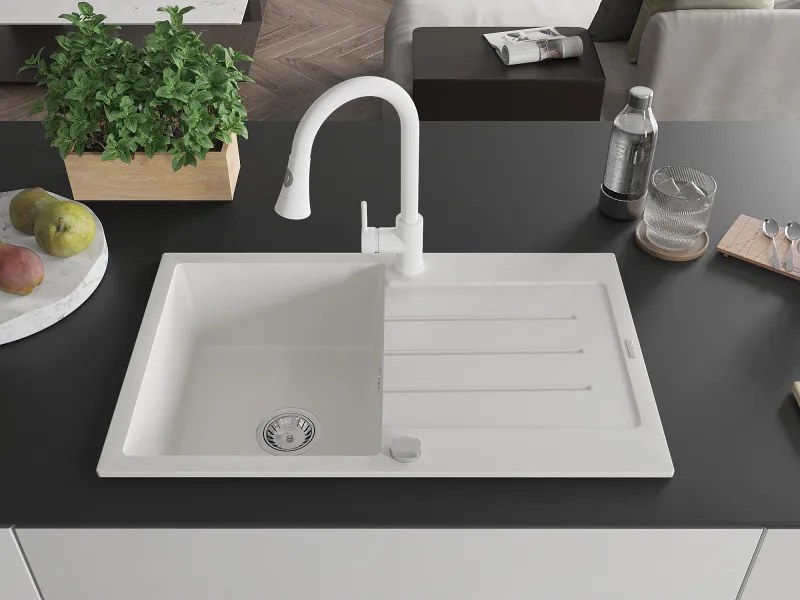 Mexen Bruno, 1-komorový granitový drez 795x495x200 mm a drezová batéria Elia, biela, 6513-20-670101-20
