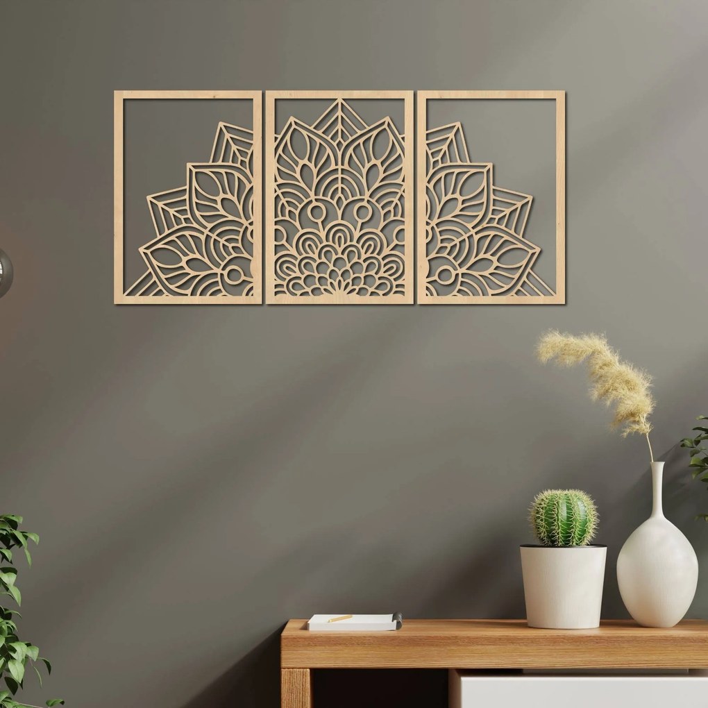 SENTOP | 3-dielna mandala kvetov – moderná drevená nástenná dekorácia do obývačky | SENTOP HDF0583-60 x 30-WENGE