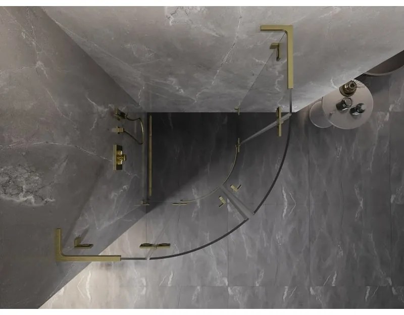 Mexen Lunar, L polkruhový výklopný sprchový kút 70 x 70 cm, 8mm číre sklo, zlatý matný profil, 833L-070L-070P-55-00