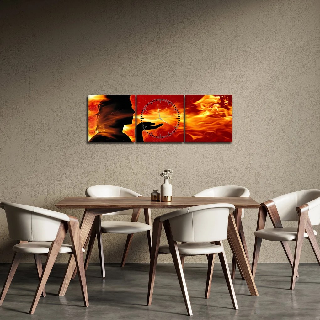 Obraz zeny s plameňmi (s hodinami) (90x30 cm)