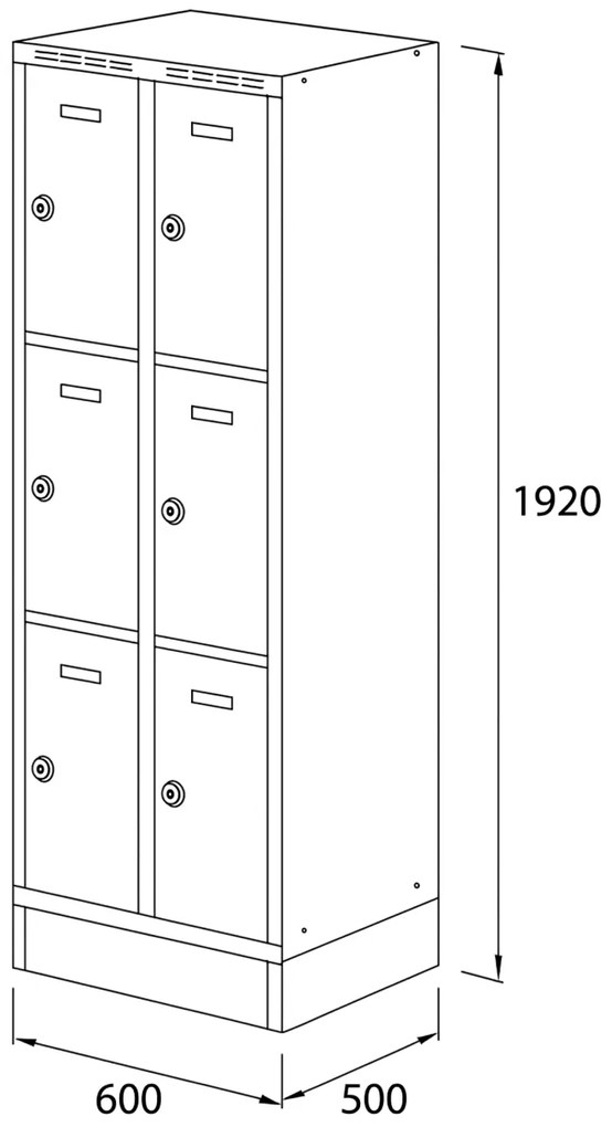 Alfa 3 Šatníková skrinka S6 na sokli s úložnými boxami, 6 boxov, 1920 x 600 x 500 mm, otočný zámok, sivé dvere