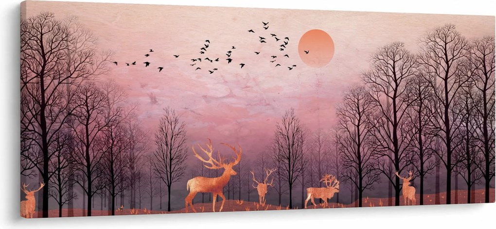 Obraz - Jelene v žiare zapadajúceho slnka (120x50 cm)