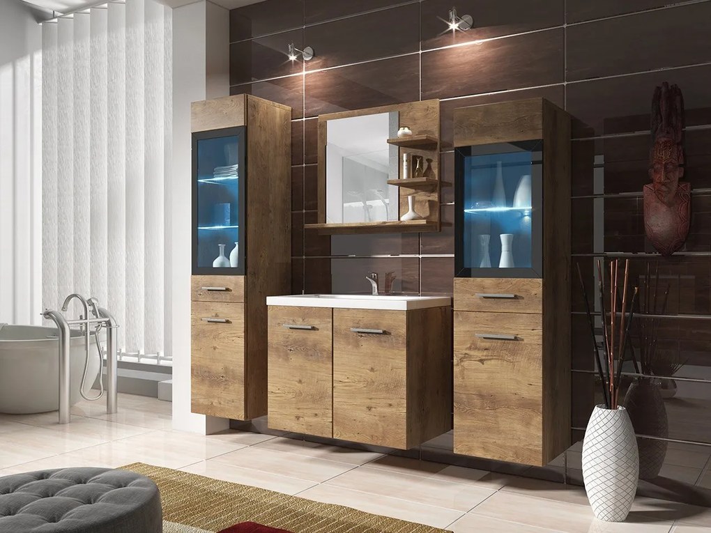 Kúpeľňový nábytok Apogon I, Farby: gaštan breslau, Sifón: bez sifónu, Osvetlenie: osvetlenie LED RGB - farebné, Umývadlová batéria: Economico BYU 020M