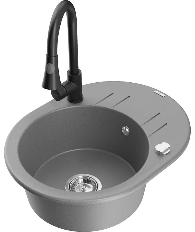 Mexen Kevin, 1-komorový granitový drez 586x458x190 mm a drezová batéria Elia, šedá, 6517-71-670101-70