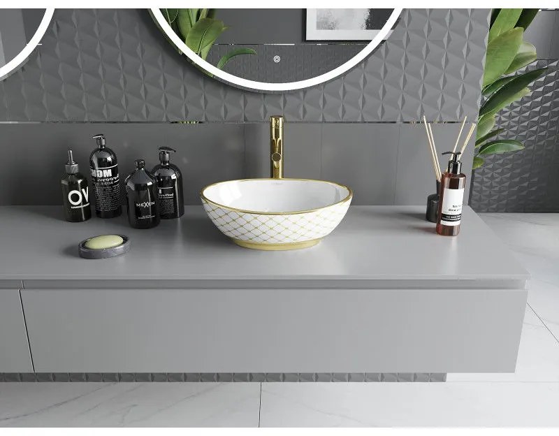 Mexen Elza, keramické umývadlo na dosku 405 x 330 mm, biela-zlatý vzor, 21014009