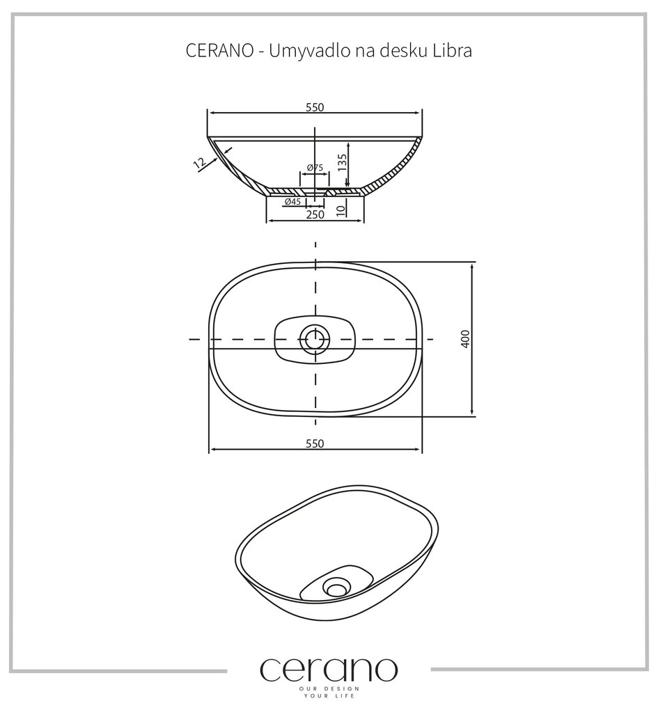 Cerano Libra, umývadlo na dosku z liateho mramoru 550x400x135 mm, čierna matná, CER-CER-WB16B