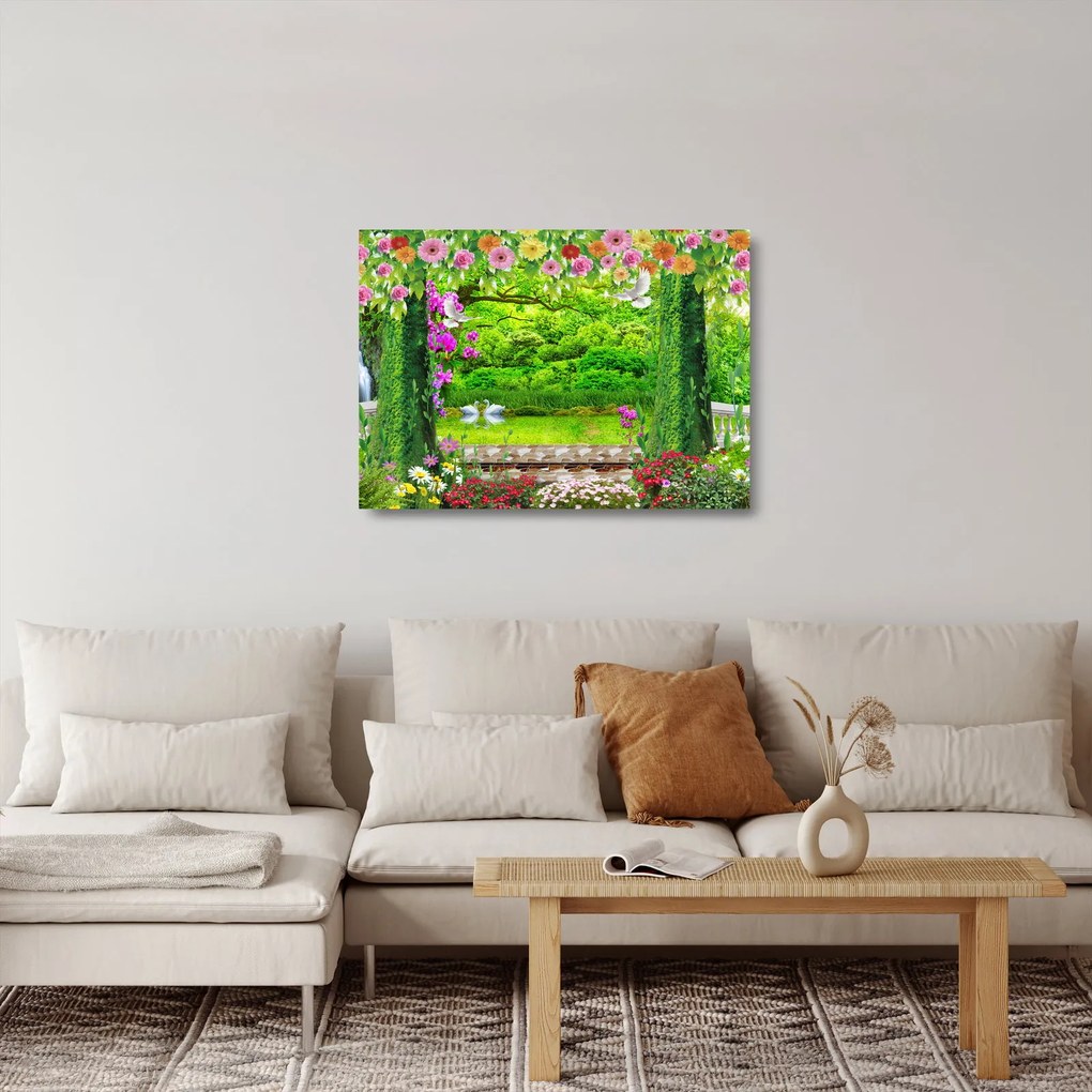 Sklenený obraz - Čarovná záhrada s labuťami (70x50 cm)