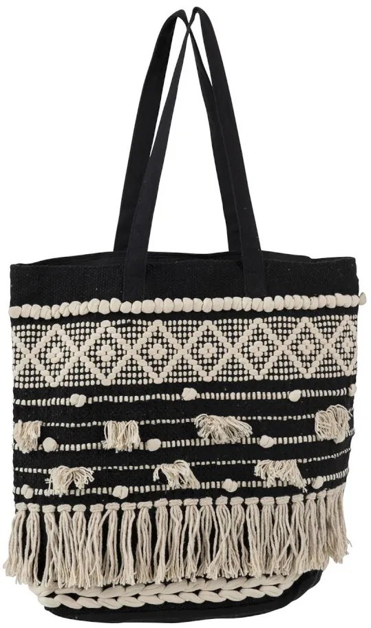 Čierno-krémová kabelka do ruky Monochrome Boho so strapcami - 40*45cm