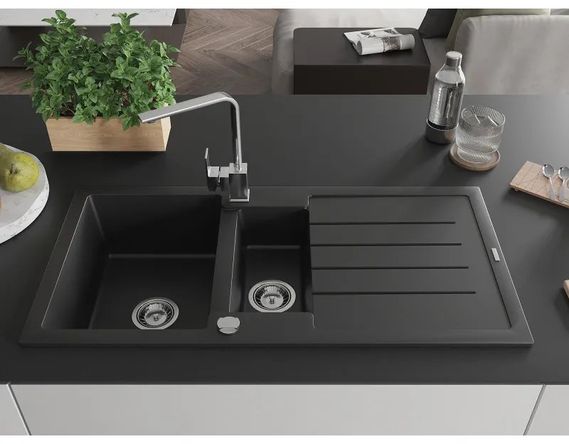 Mexen Andres, granitový drez 1000x500x200 mm, 1,5-komorový, čierna s chrómovým sifónom a chrómová drezová batéria Rita, 6515-77-670300-00