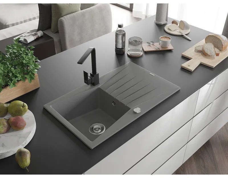 Mexen Cesar, granitový drez 775x470x190 mm, 1-komorový, šedá s chrómovým sifónom a čierna drezová batéria Rita, 6514-71-670300-70