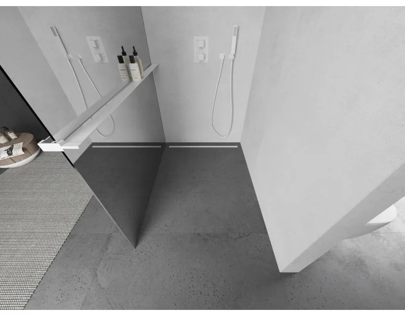 Mexen Kioto+, sprchová zástena Walk-In s poličkou a vešiakom 120 x 200 cm, 8mm sklo vzor zrkadlo, biely profil, 800-120-121-20-50
