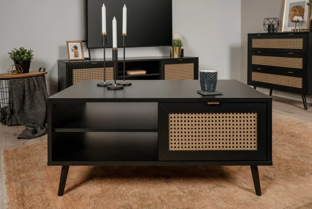 Zásuvková komoda Vienna, čierna/výplet