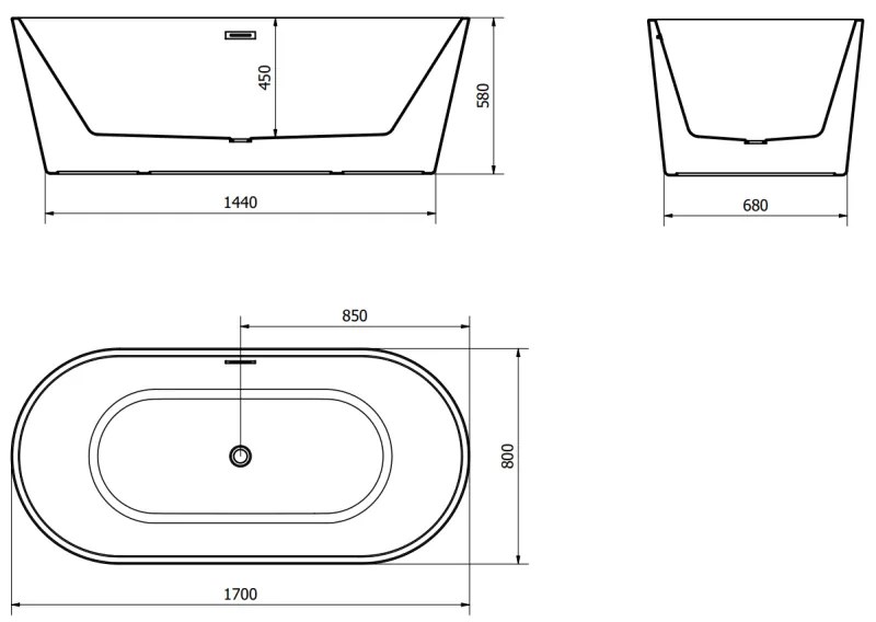 Mexen Luna, voľne stojaca vaňa 170 x 80 cm, biela-čierna, brúsená oceľ prepad, 52031708075-97