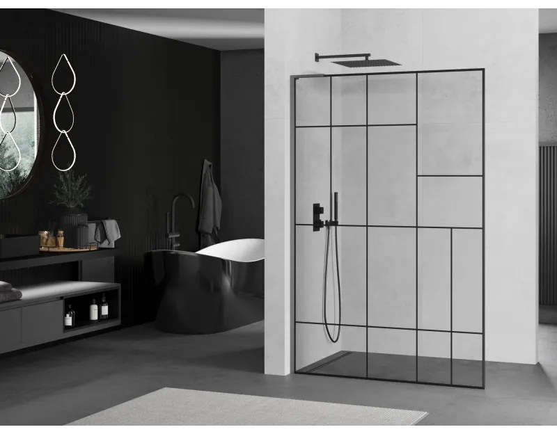 Mexen Kioto L, sprchová zástena Walk-In 110 x 200 cm, 8mm číre sklo čierny vzor, grafitový profil, 800-110-103-95-78