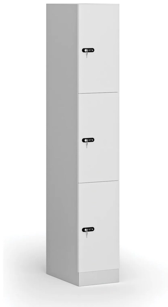 Šatníková skrinka s úložnými boxmi, 3 boxy, 1850 x 300 x 500 mm, mechanický kódový zámok, laminované dvere, biela