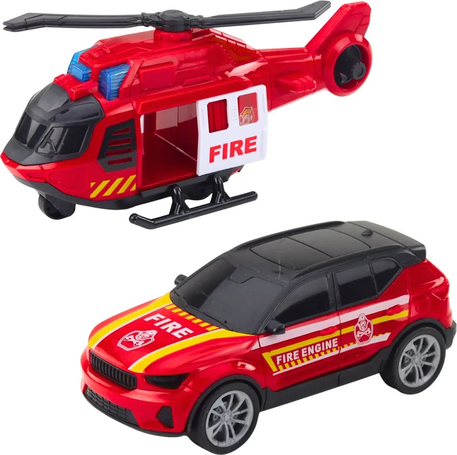 LEAN Toys Hasičský karavan Vrtuľník Svetlá auta Zvuky Červená