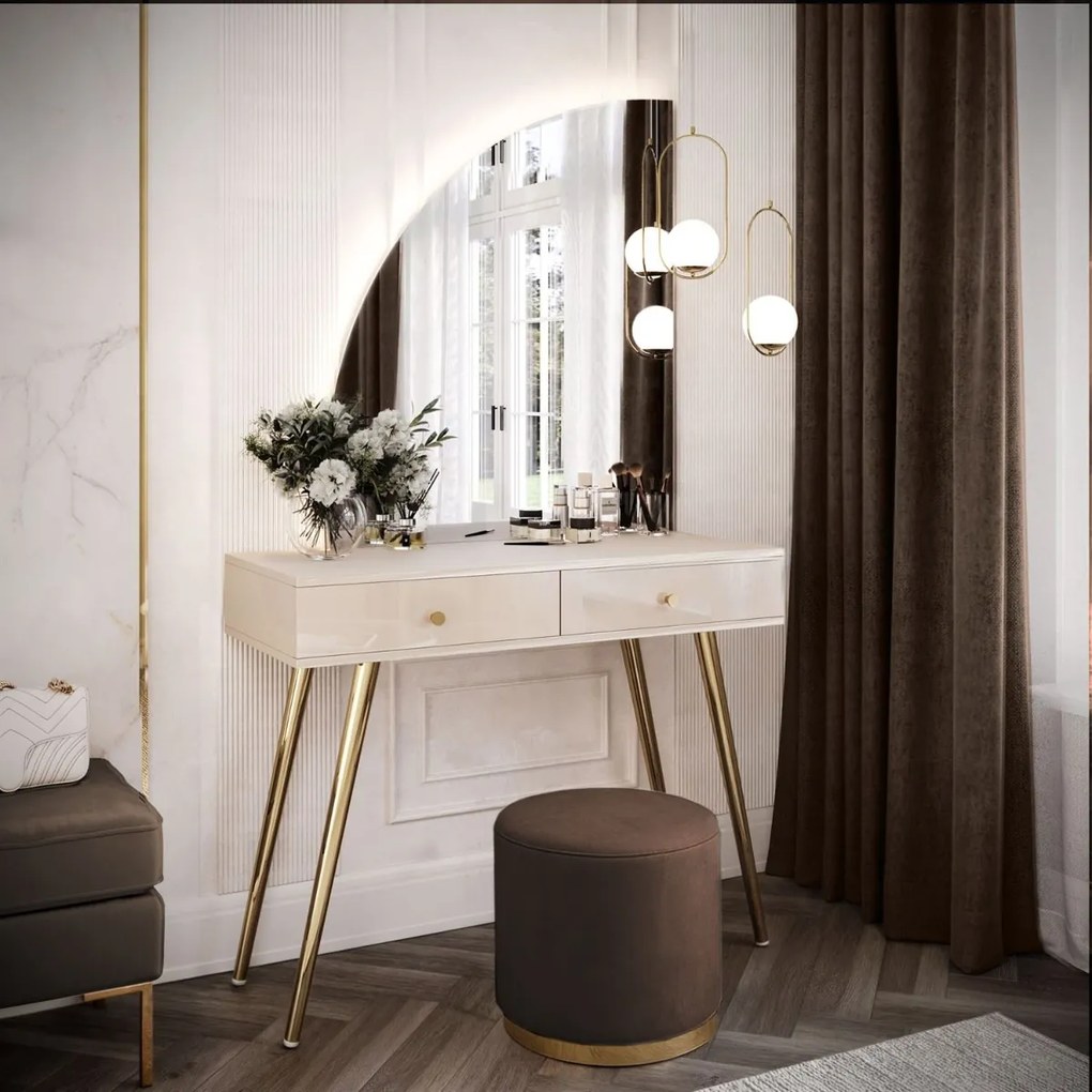 TOALETNÝ STOLÍK KATHLEEN KAŠMÍR LESK + ZLATÉ NOHY + ZRKADLO POLMESIAC ĽAVÉ