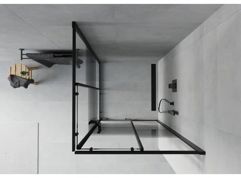 Mexen Rio, štvorcový sprchovací kút s posuvnými dverami 90(dvere) x 90(dvere) x 190 cm, 6mm číre sklo s pásikmi, čierny profil, 860-090-090-70-20