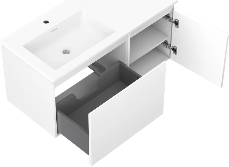 Mexen Orio, kúpeľňová skrinka 100 cm s ľavým umývadlom Otis, 1S, 1D, biela matná, 91A13-10047-3-BBFF01-W18L01