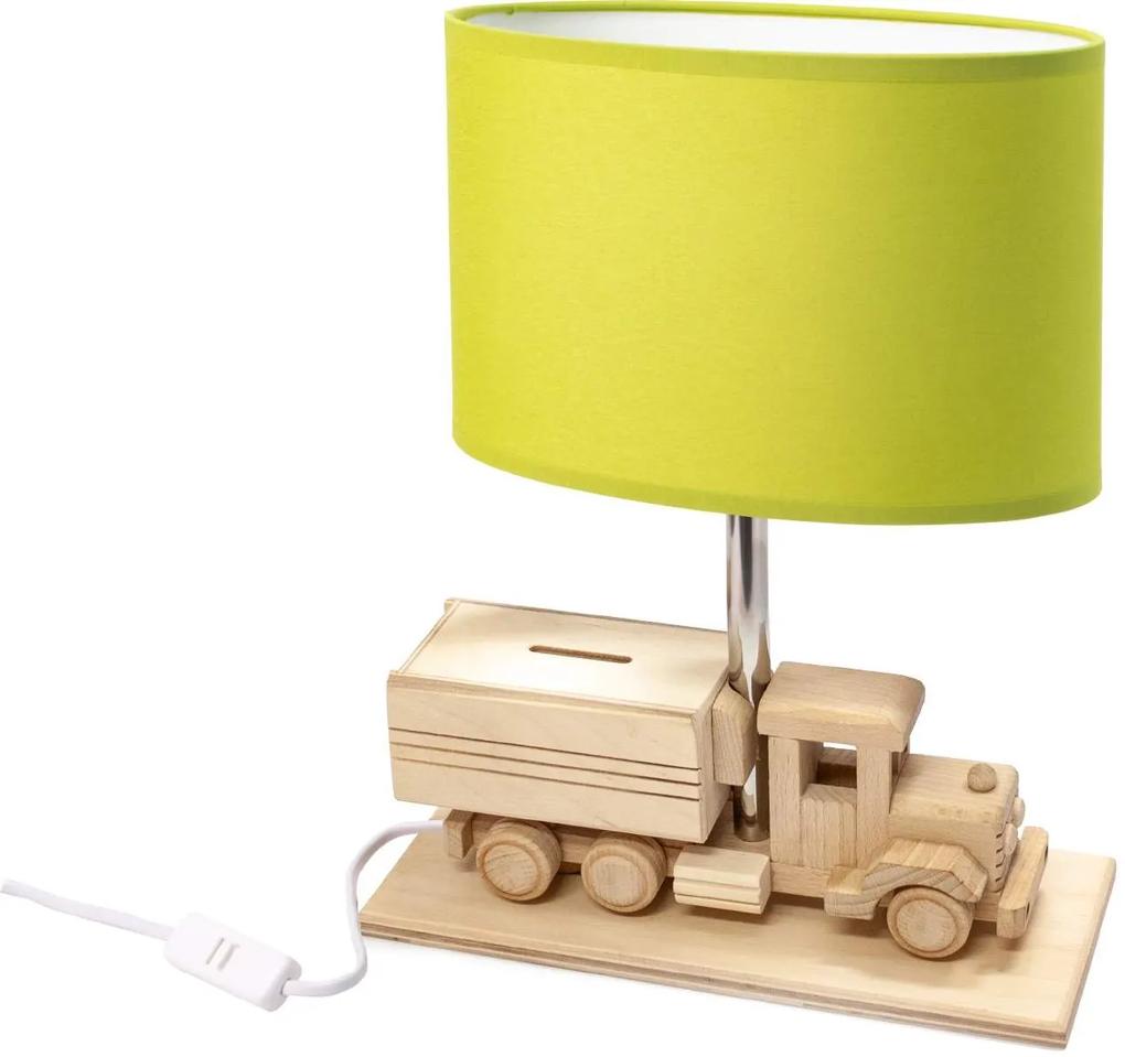 HELLUX Stolná drevená detská lampička v tvare nákladiaku, zelená