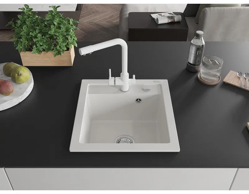 Mexen Vito, 1-komorový granitový drez 520x490x210 mm, biela batéria Duero, biela, 6503-20-671600-20