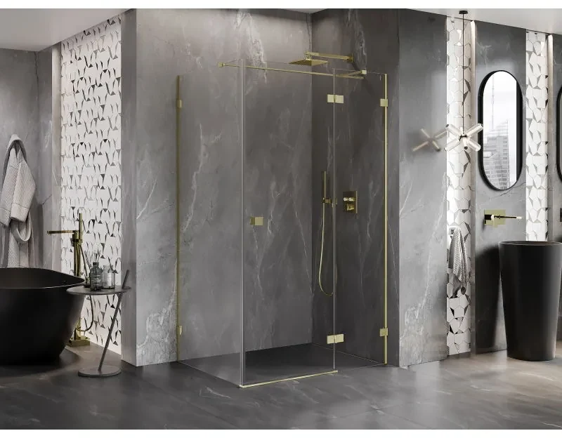 Mexen Lunar T, výklopný pravý sprchový kút 125 x 120 cm, 8mm číre sklo, zlatý kartáčovaný - 834T-125-120-55-00-P