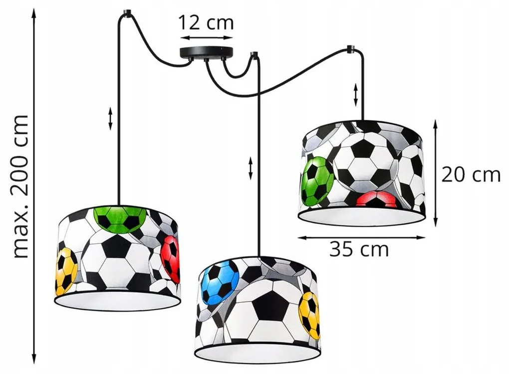 Detské závesné svietidlo Soccer Spider, 3x textilné tienidlo so vzorom, (výber z 2 farieb konštrukcie)
