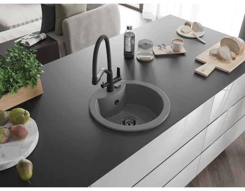 Mexen Diego, 1-komorový granitový drez 488x488x167 mm a drezová batéria Duo, šedá, 6512-71-671701-70-B