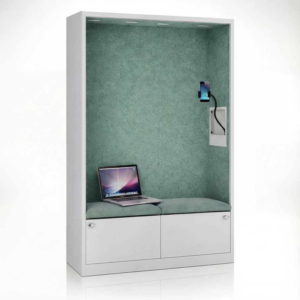 Kancelárska akustická kabína so sedadlom a portom USB-C, telo v sivý farbe / sedadlo v zelenej farbe, 1150 mm: SALLY MentalBox