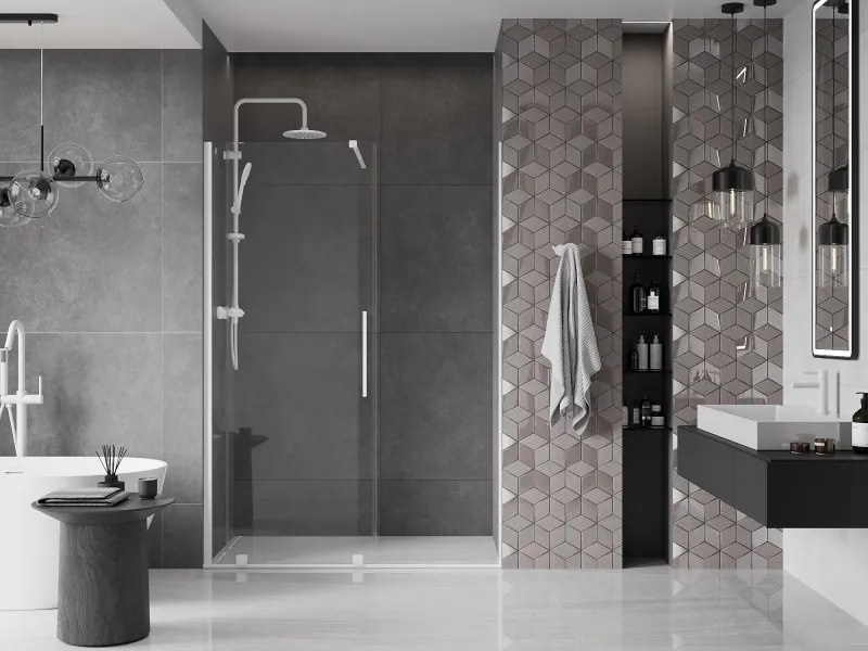 Mexen Velar, posuvné dvere do otvoru 150x200 cm, 8mm číre sklo, biely profil, 871-150-000-01-20