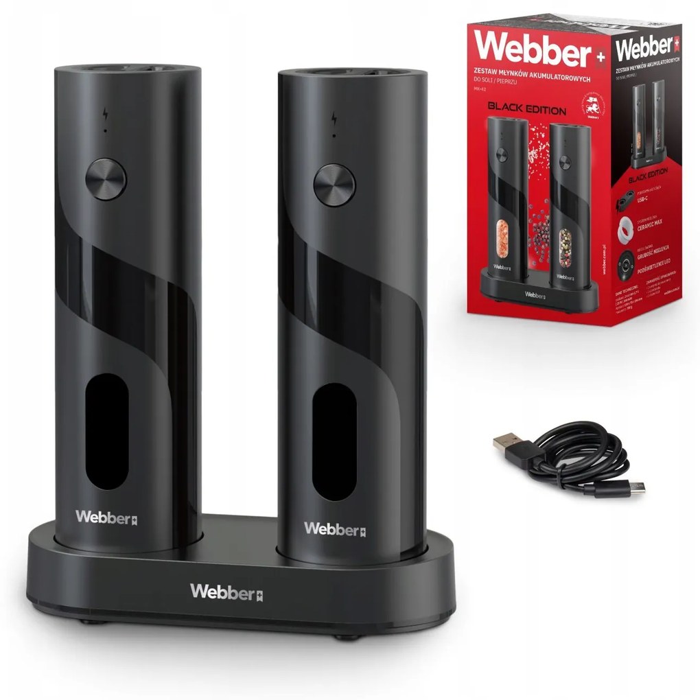 WEBBER Elektrický mlynček na soľ a korenie - dobíjateľný, USB