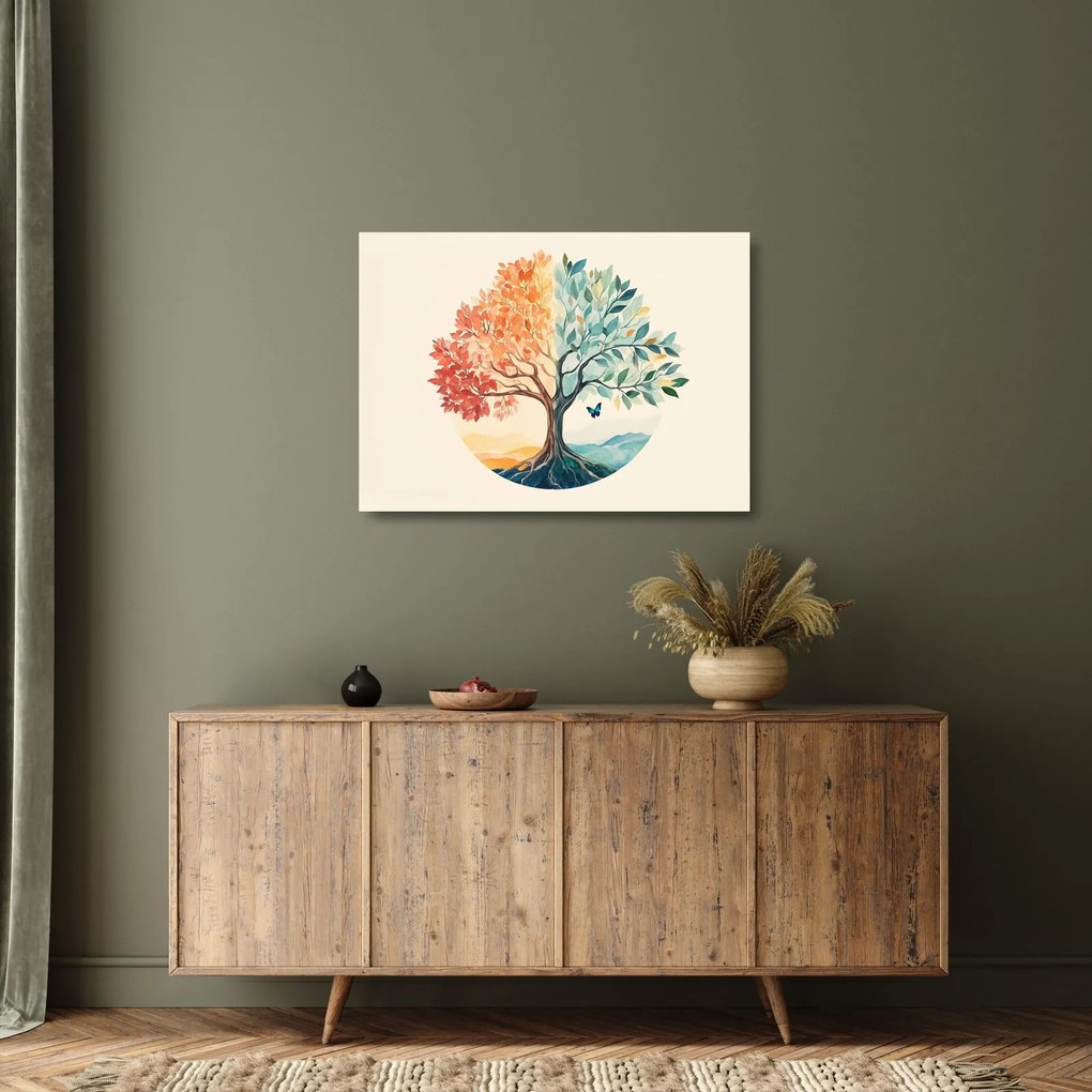 Sklenený obraz – Duálny strom s motýľom (70x50 cm)