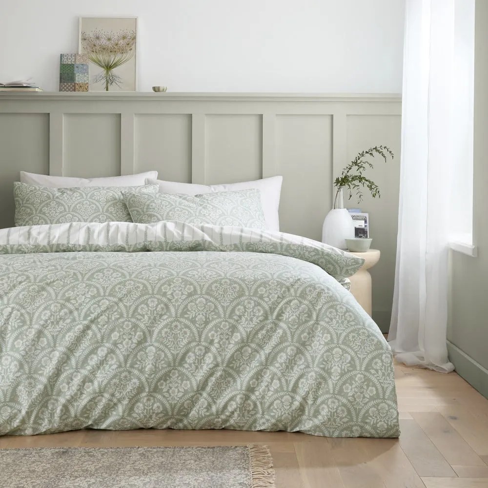 Bielo-zelené obliečky na jednolôžko z bavlneného perkálu 135x200 cm Scallop Floral – Bianca